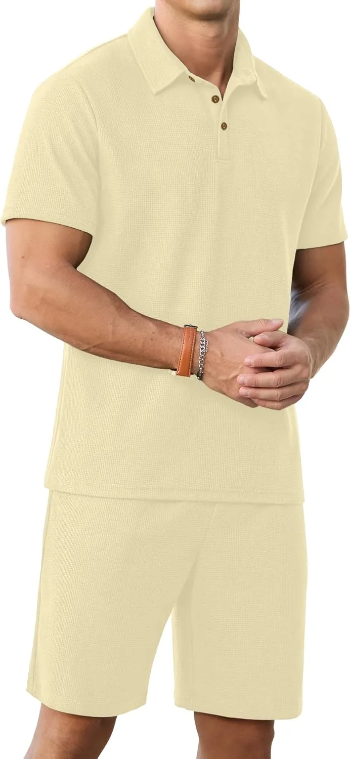 PrinStory Men's Summer Outfits Waffle Knit Polo Shirt and Shorts Set 2 Pieces Casual Tracksuit with Pockets