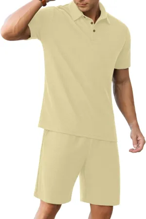 PrinStory Men's Summer Outfits Waffle Knit Polo Shirt and Shorts Set 2 Pieces Casual Tracksuit with Pockets