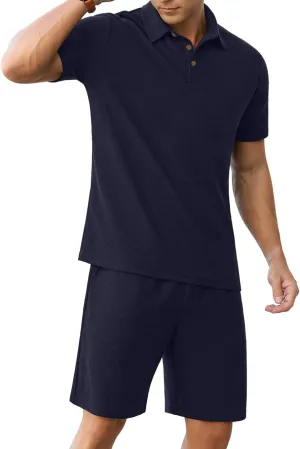 PrinStory Men's Summer Outfits Waffle Knit Polo Shirt and Shorts Set 2 Pieces Casual Tracksuit with Pockets
