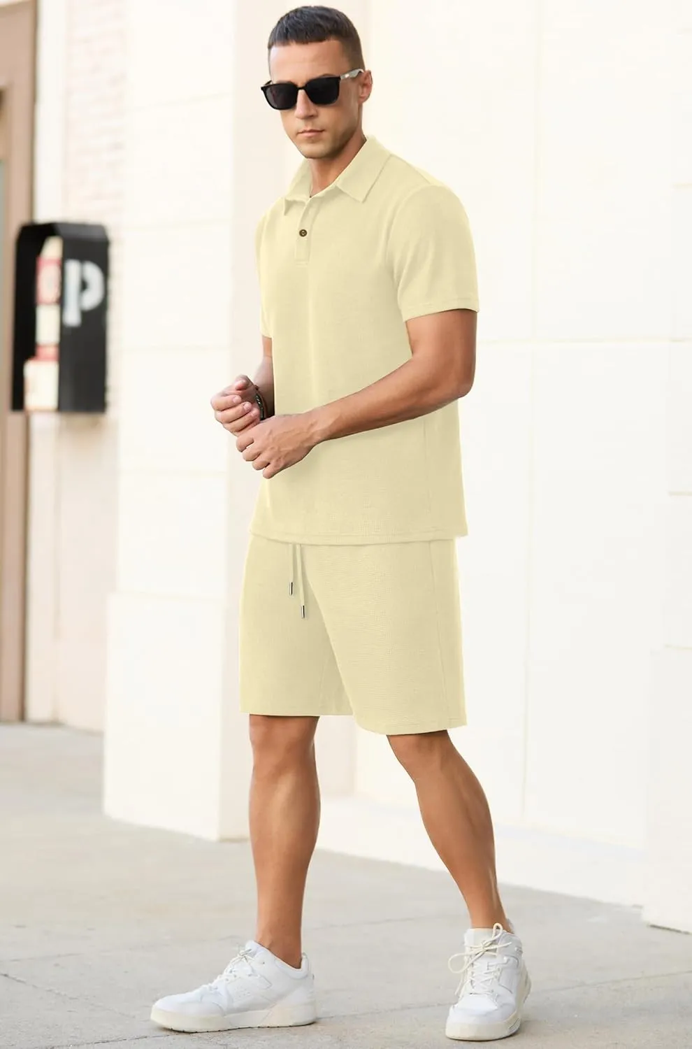 PrinStory Men's Summer Outfits Waffle Knit Polo Shirt and Shorts Set 2 Pieces Casual Tracksuit with Pockets
