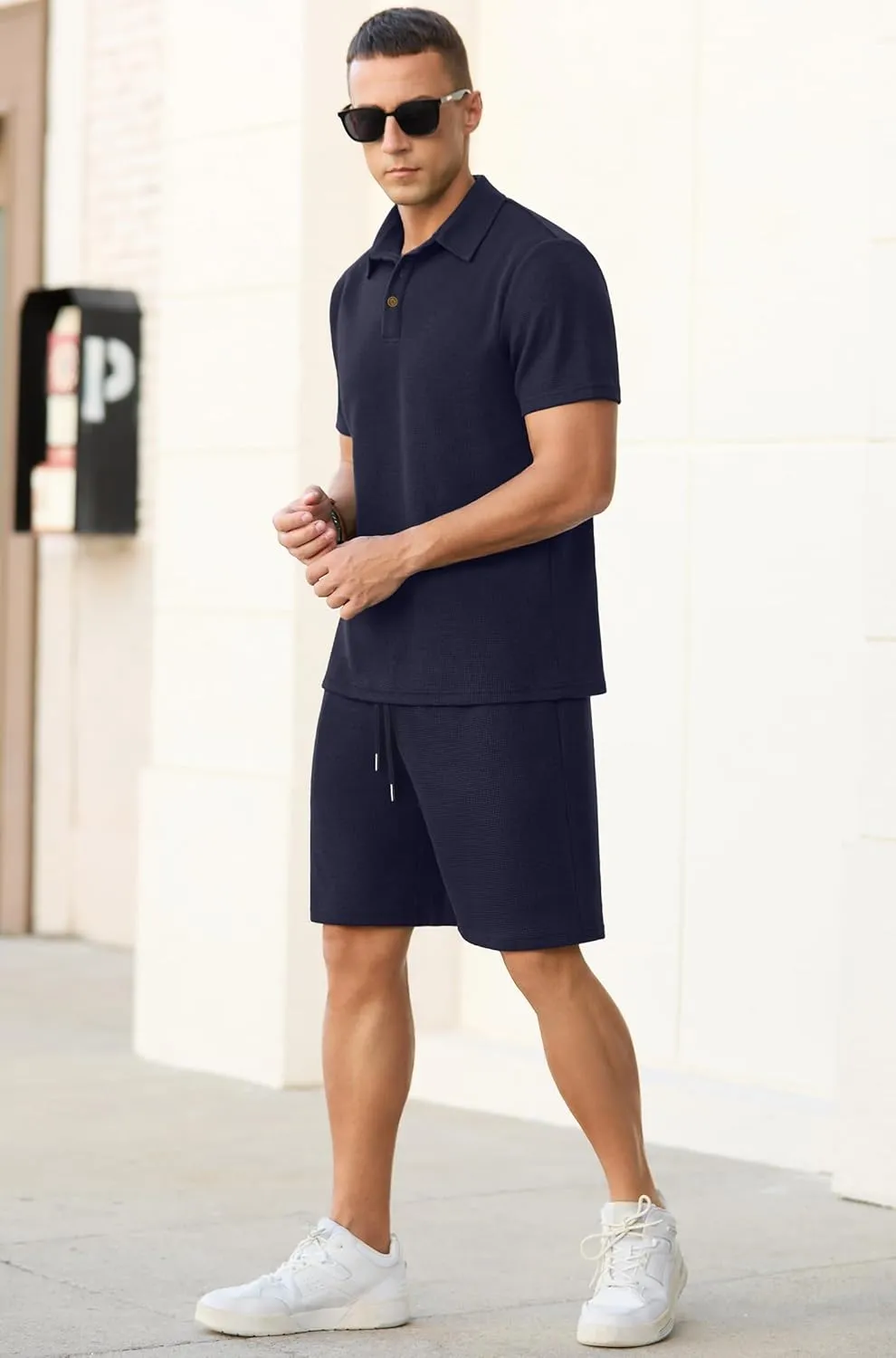 PrinStory Men's Summer Outfits Waffle Knit Polo Shirt and Shorts Set 2 Pieces Casual Tracksuit with Pockets
