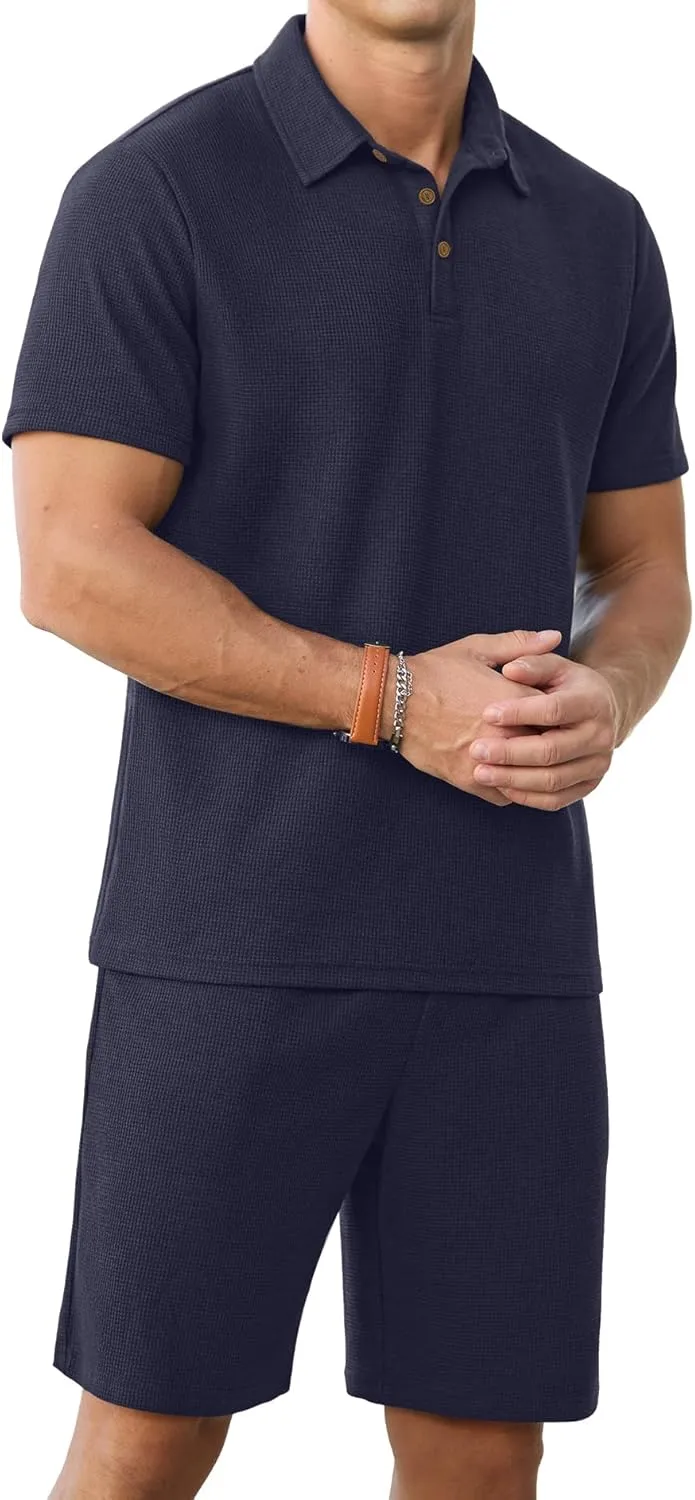 PrinStory Men's Summer Outfits Waffle Knit Polo Shirt and Shorts Set 2 Pieces Casual Tracksuit with Pockets