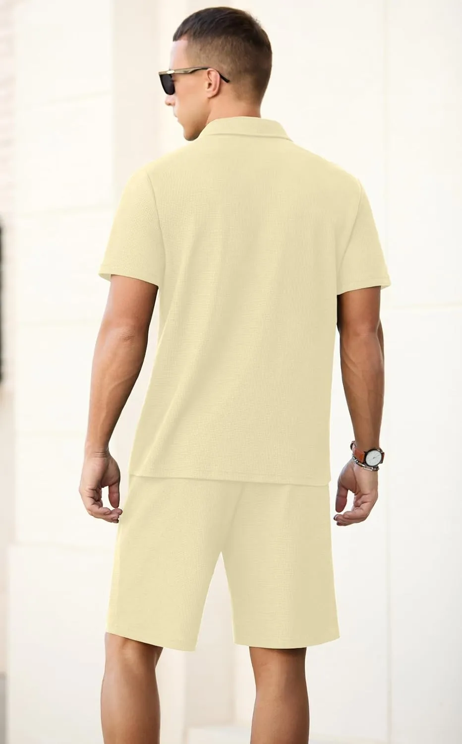 PrinStory Men's Summer Outfits Waffle Knit Polo Shirt and Shorts Set 2 Pieces Casual Tracksuit with Pockets