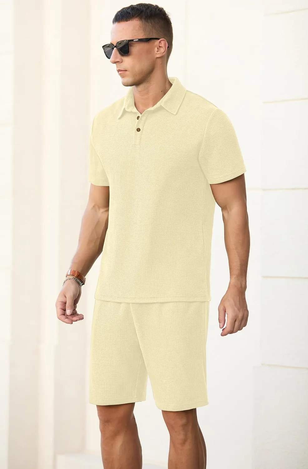 PrinStory Men's Summer Outfits Waffle Knit Polo Shirt and Shorts Set 2 Pieces Casual Tracksuit with Pockets