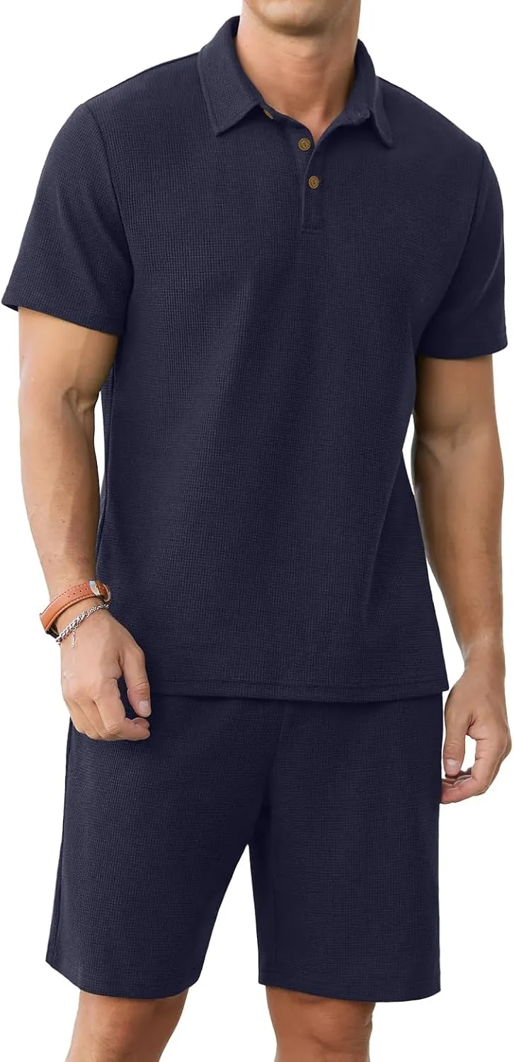 PrinStory Men's Summer Outfits Waffle Knit Polo Shirt and Shorts Set 2 Pieces Casual Tracksuit with Pockets