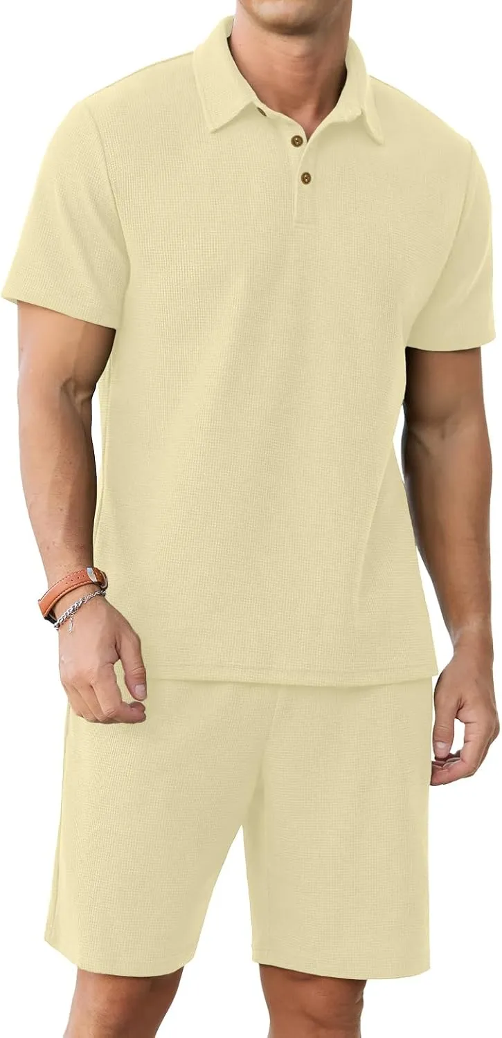 PrinStory Men's Summer Outfits Waffle Knit Polo Shirt and Shorts Set 2 Pieces Casual Tracksuit with Pockets