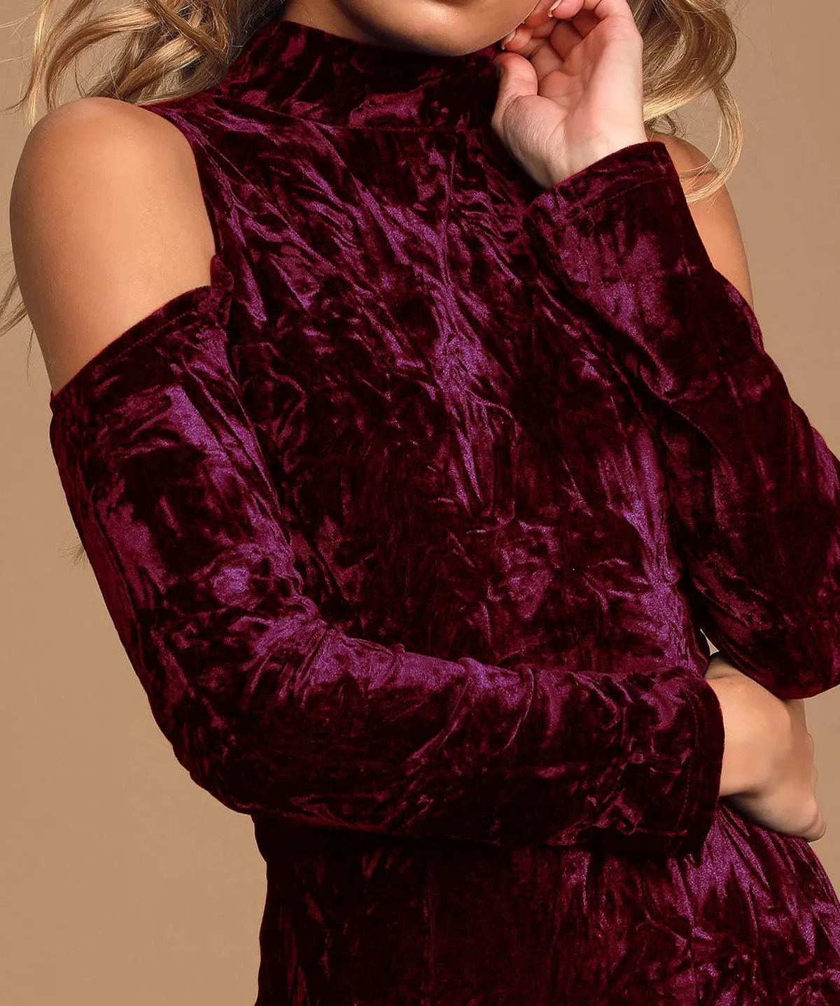 R.Vivimos Women's Winter Crushed Velvet Long Sleeves Cold Shoulder High Neck Bodycon Mini Dress
