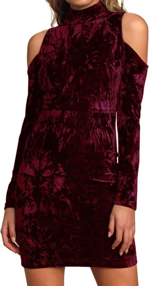 R.Vivimos Women's Winter Crushed Velvet Long Sleeves Cold Shoulder High Neck Bodycon Mini Dress