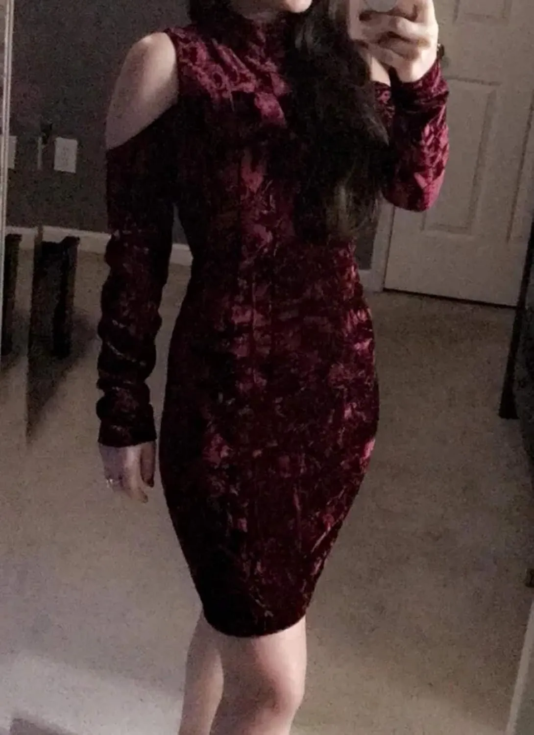 R.Vivimos Women's Winter Crushed Velvet Long Sleeves Cold Shoulder High Neck Bodycon Mini Dress