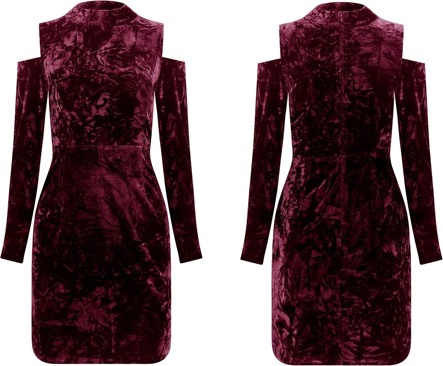 R.Vivimos Women's Winter Crushed Velvet Long Sleeves Cold Shoulder High Neck Bodycon Mini Dress