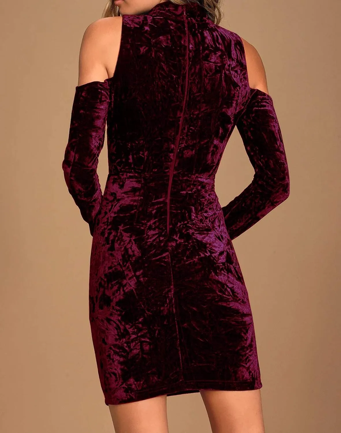 R.Vivimos Women's Winter Crushed Velvet Long Sleeves Cold Shoulder High Neck Bodycon Mini Dress