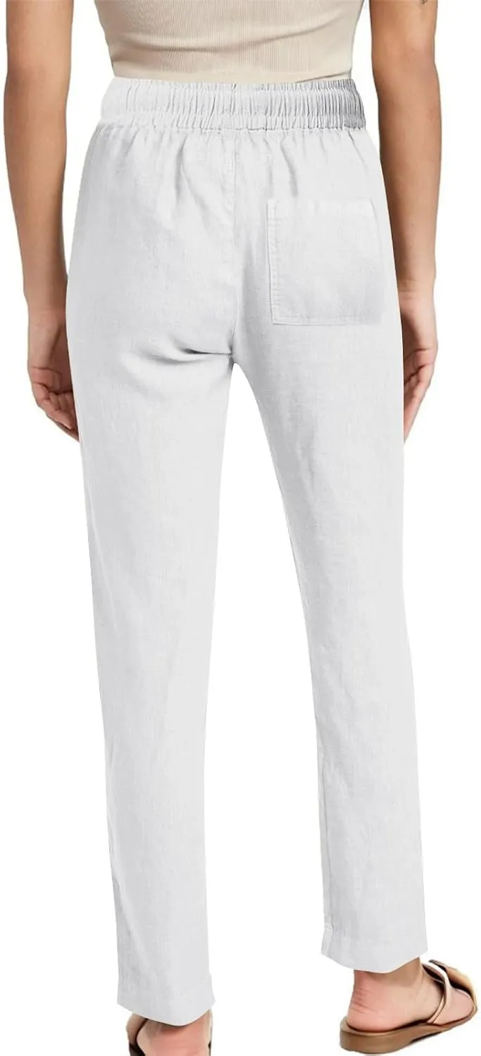 Summer Pants for Women 2025 Casual Drawstring High Waisted Linen Pants Beach Wide Leg Trousers with Pockets