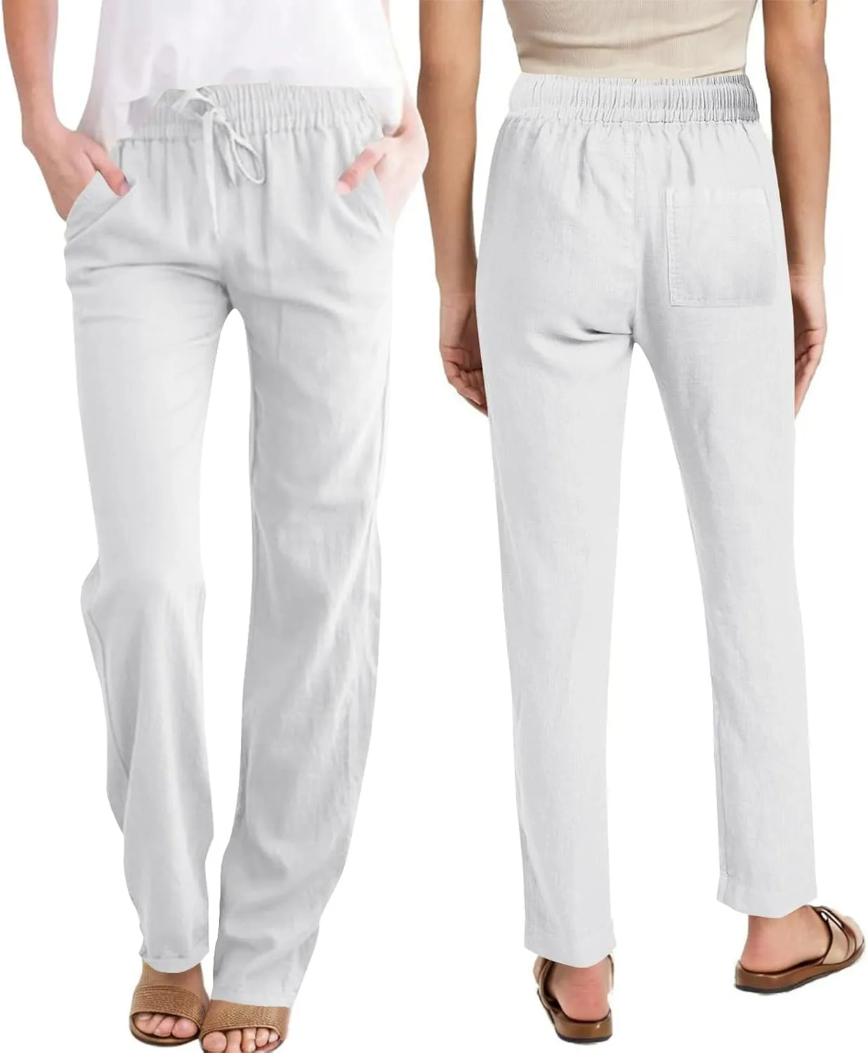 Summer Pants for Women 2025 Casual Drawstring High Waisted Linen Pants Beach Wide Leg Trousers with Pockets