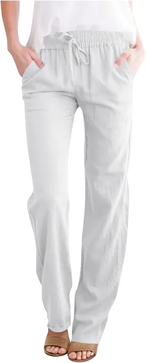 Summer Pants for Women 2025 Casual Drawstring High Waisted Linen Pants Beach Wide Leg Trousers with Pockets