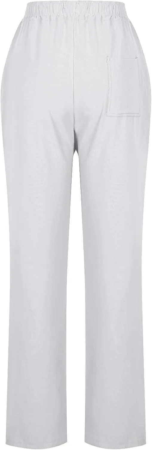 Summer Pants for Women 2025 Casual Drawstring High Waisted Linen Pants Beach Wide Leg Trousers with Pockets