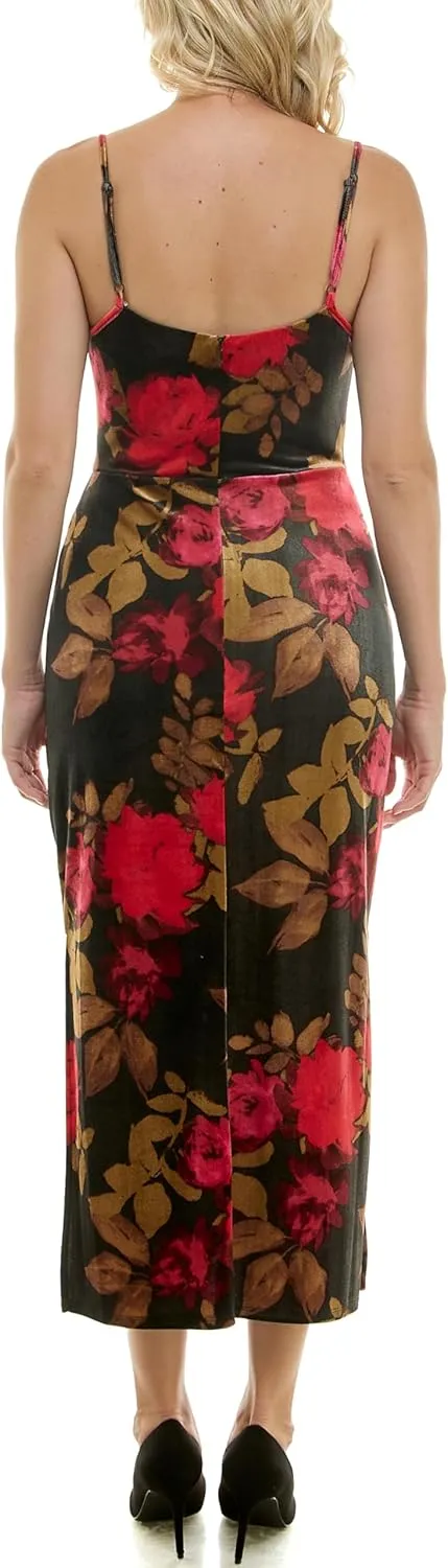Taylor Women's Floral Velvet Spaghetti Strap Slip Midi Dress