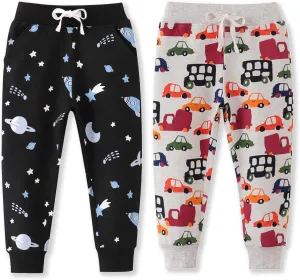 Toddler Boys Jogger Pants Boy Cotton Drawstring Elastic Waist Sweatpants Joggers 2 Pack Set 2-7T