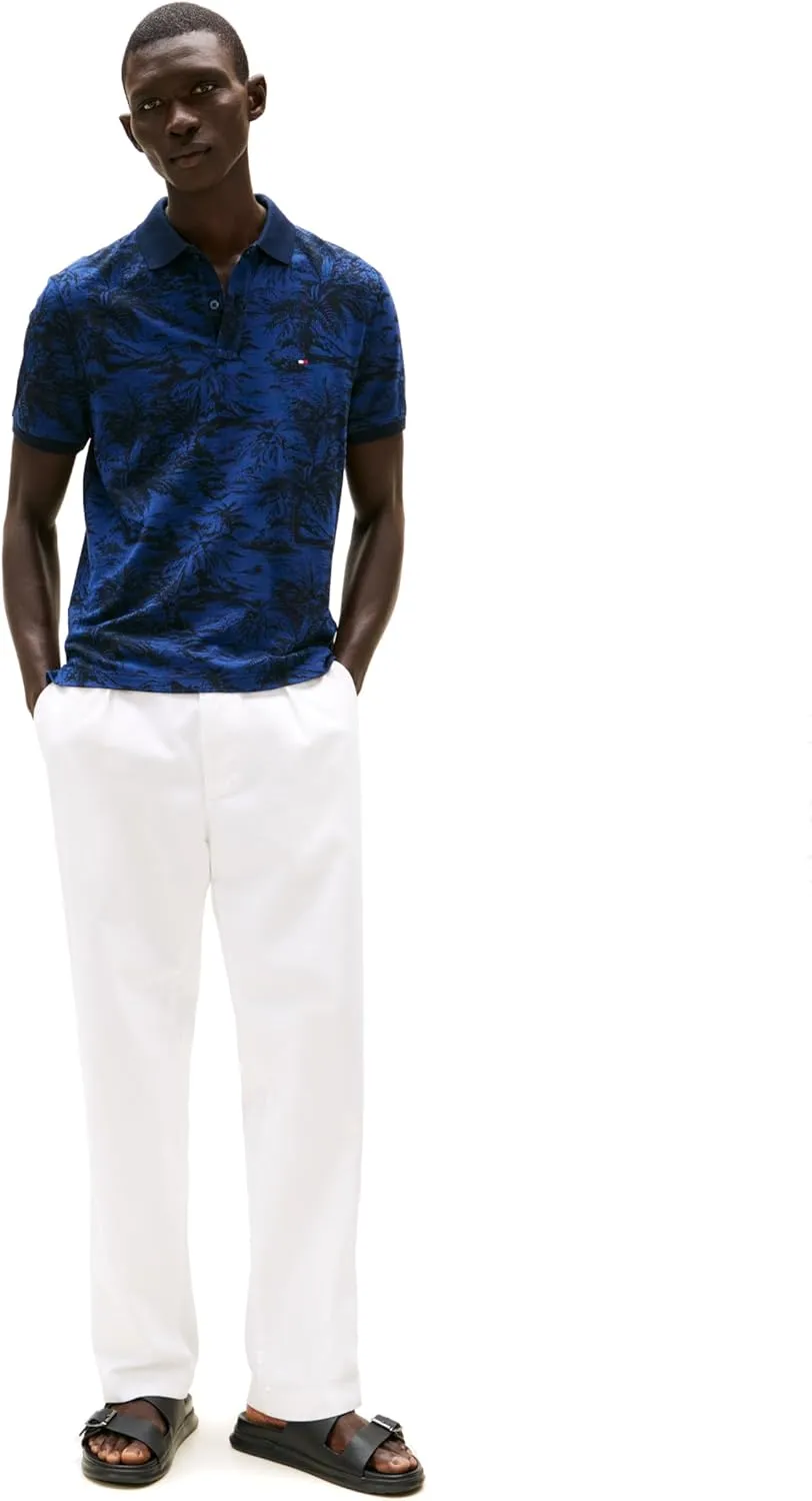 Tommy Hilfiger Men's Short Sleeve Linen Polo Shirts in Regular Fit with Tropical Print Designs