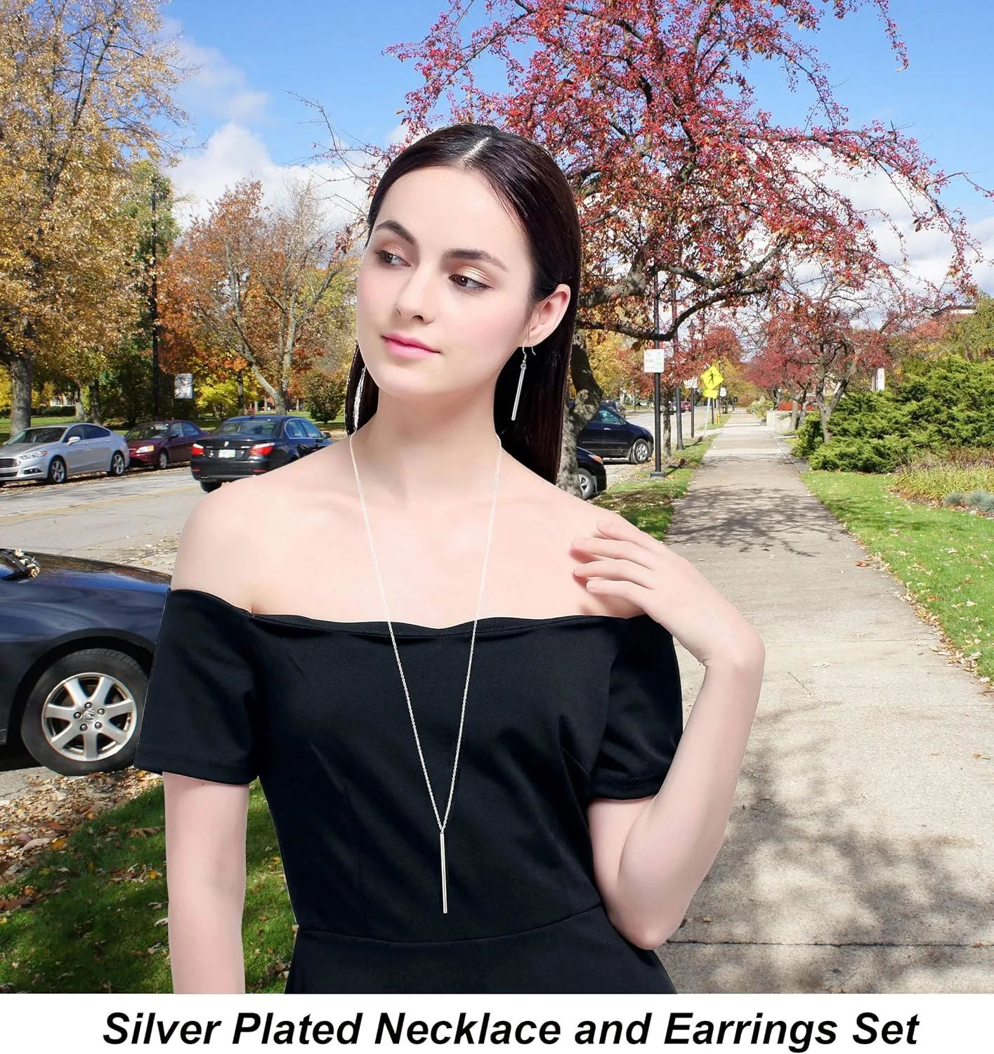 Vertical Bar Pendant Necklace Earrings - Simple Long lariat Chain Minimalist Dangle Earrings for Women 2.4" Pendant 35" Chain 2'' Drop