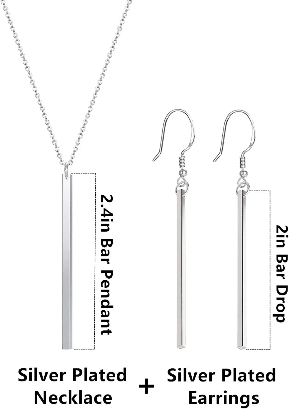 Vertical Bar Pendant Necklace Earrings - Simple Long lariat Chain Minimalist Dangle Earrings for Women 2.4" Pendant 35" Chain 2'' Drop