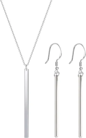 Vertical Bar Pendant Necklace Earrings - Simple Long lariat Chain Minimalist Dangle Earrings for Women 2.4" Pendant 35" Chain 2'' Drop