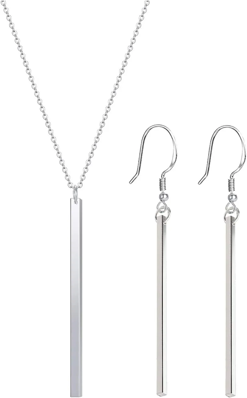 Vertical Bar Pendant Necklace Earrings - Simple Long lariat Chain Minimalist Dangle Earrings for Women 2.4" Pendant 35" Chain 2'' Drop