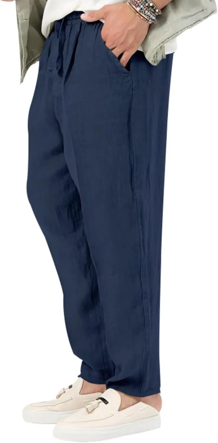 Wankang Men's Casual Linen Pants Elastic Waist Drawstring Beach Summer Pants Straight Leg Lightweight Linen Trousers for Men