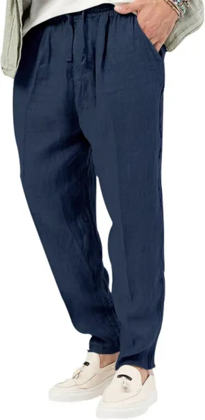 Wankang Men's Casual Linen Pants Elastic Waist Drawstring Beach Summer Pants Straight Leg Lightweight Linen Trousers for Men
