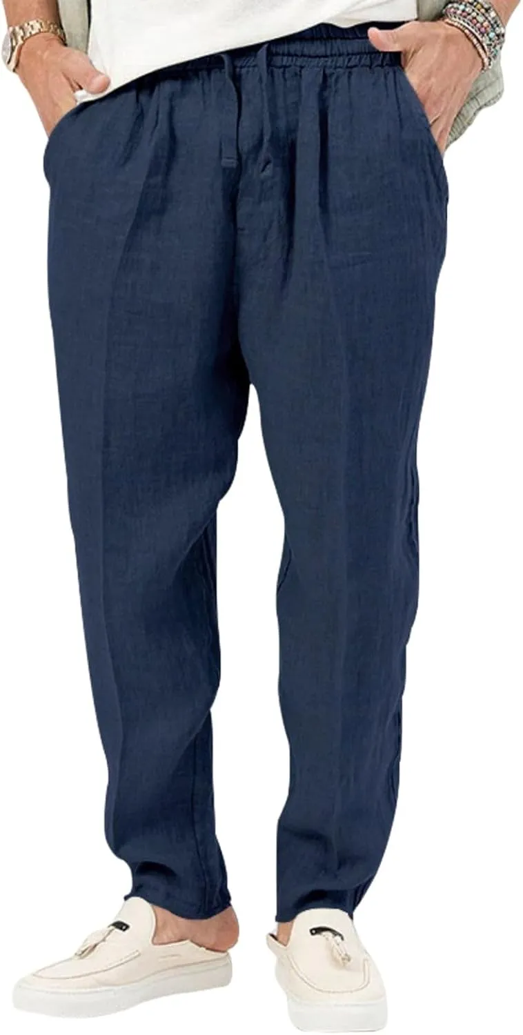Wankang Men's Casual Linen Pants Elastic Waist Drawstring Beach Summer Pants Straight Leg Lightweight Linen Trousers for Men