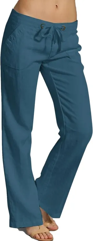 Wide Leg Linen Pants for Women Summer Beach Loose Fit Drawstring Lightweight Cotton Linen Boho Trousers with Pockets