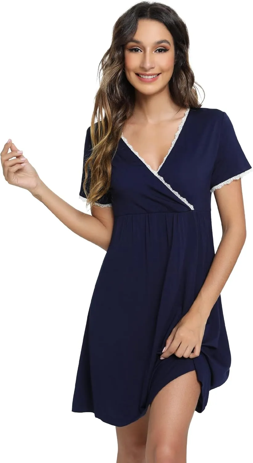 WiWi Soft Viscose from Bamboo 3 in 1 Maternity/Delivery/Nursing Labor Nightgowns Breastfeeding Sleep Shirt Gowns S-XXL