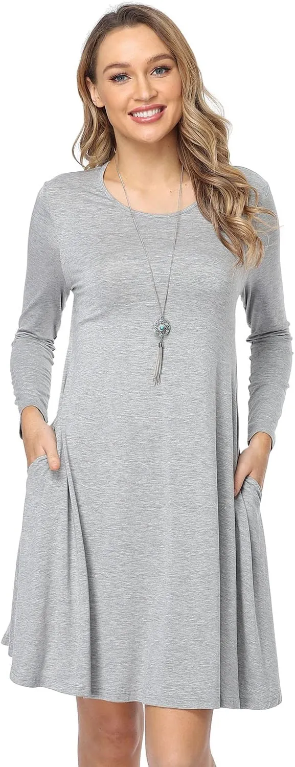 Women's Casual Long Sleeve T-shirt Dress Knee Length Loose Dresses Flowy Swing Dress with Pockets
