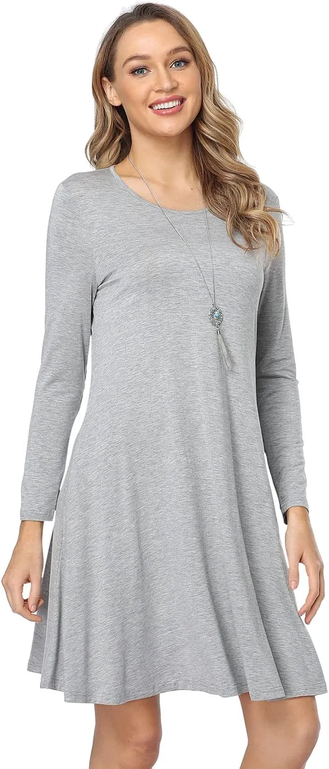 Women's Casual Long Sleeve T-shirt Dress Knee Length Loose Dresses Flowy Swing Dress with Pockets