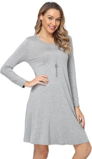 Women's Casual Long Sleeve T-shirt Dress Knee Length Loose Dresses Flowy Swing Dress with Pockets
