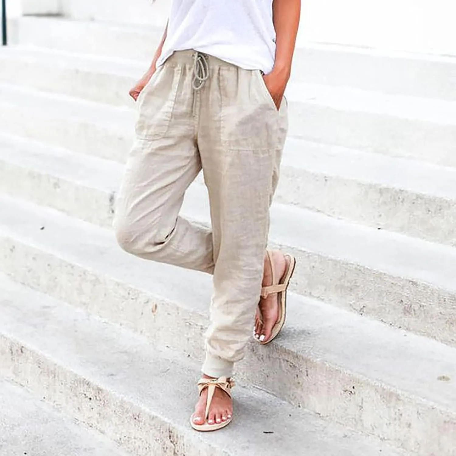 Womens Cotton Linen Jogger Pants Tapered Leg Summer Casual Back Elastic Waist Pants Drawstring Trousers with Pockets