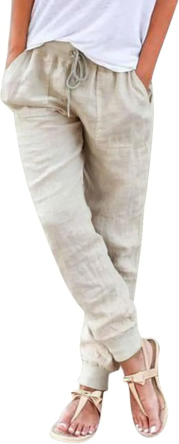 Womens Cotton Linen Jogger Pants Tapered Leg Summer Casual Back Elastic Waist Pants Drawstring Trousers with Pockets
