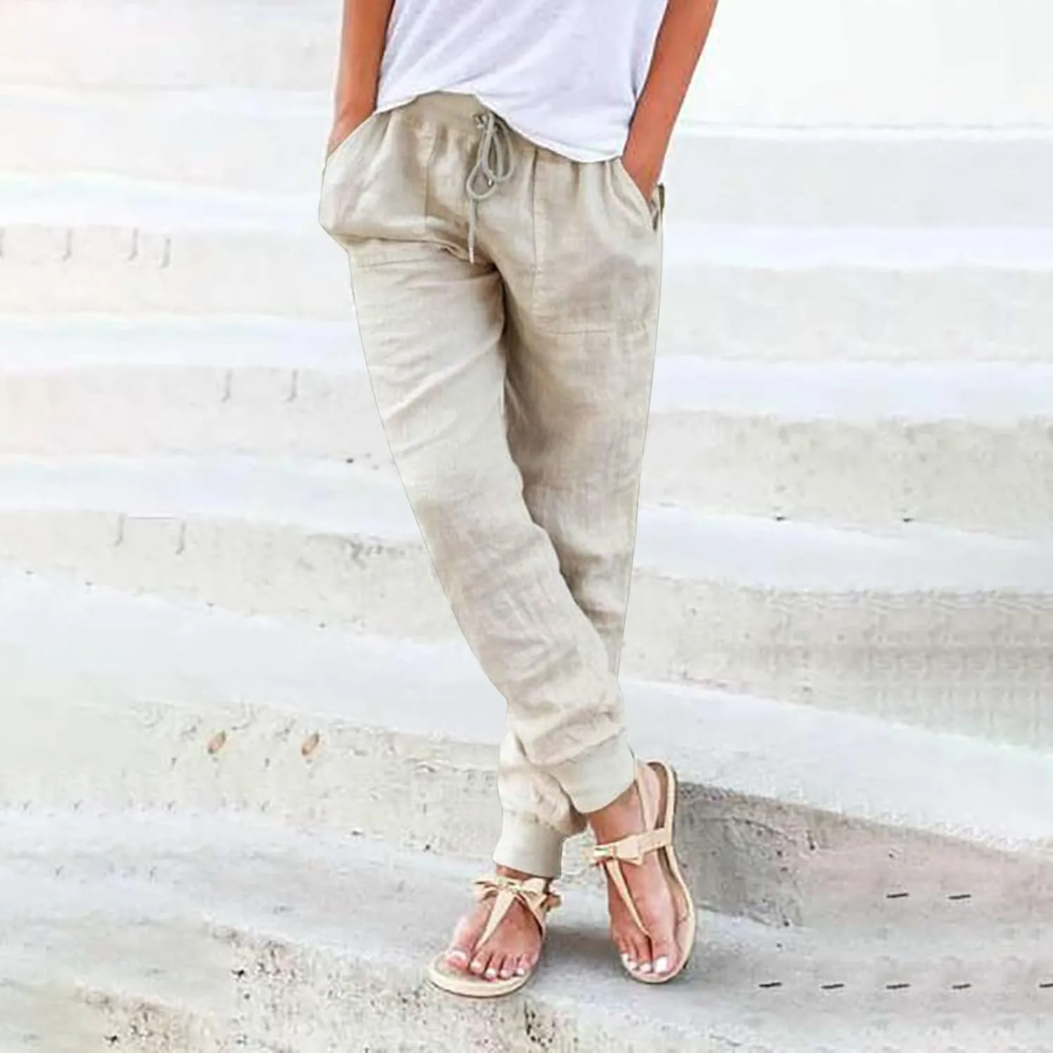 Womens Cotton Linen Jogger Pants Tapered Leg Summer Casual Back Elastic Waist Pants Drawstring Trousers with Pockets