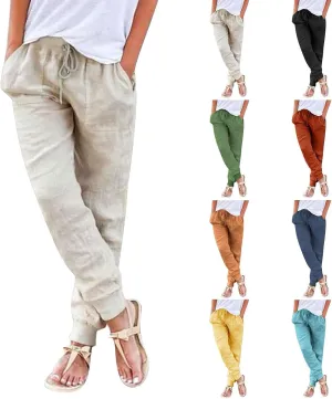Womens Cotton Linen Jogger Pants Tapered Leg Summer Casual Back Elastic Waist Pants Drawstring Trousers with Pockets