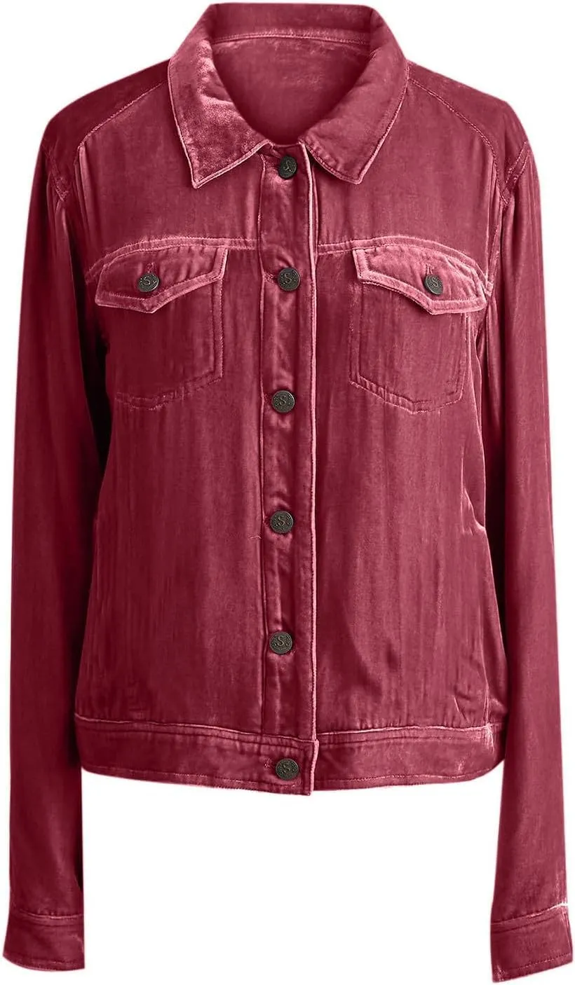 Womens Fall Velvet Cargo Jacket Casual Long Sleeve Button Down Crop Jackets with Pockets Old Money Clothes 2025