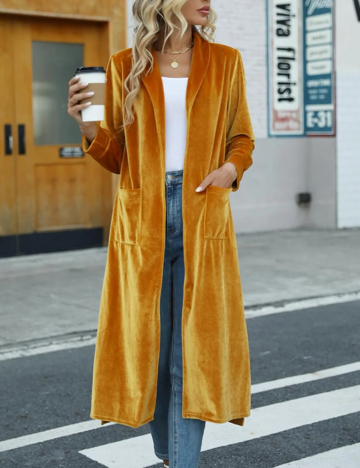 Women's Long Velvet Cardigan Jacket Casual Open Front Velour Lapel Cardigan Maxi Blazer Duster Outwear Sweater