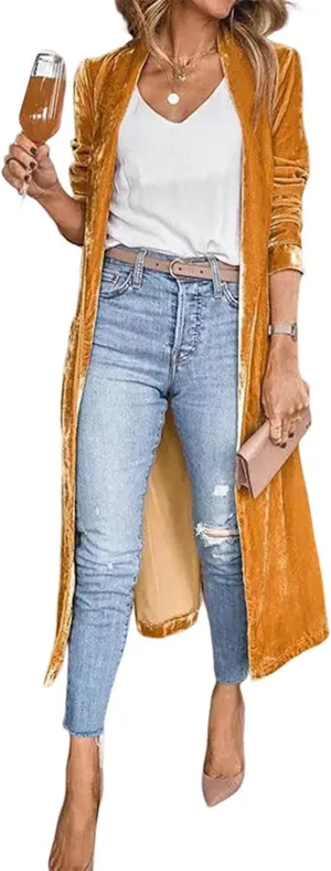 Women's Long Velvet Cardigan Jacket Casual Open Front Velour Lapel Cardigan Maxi Blazer Duster Outwear Sweater