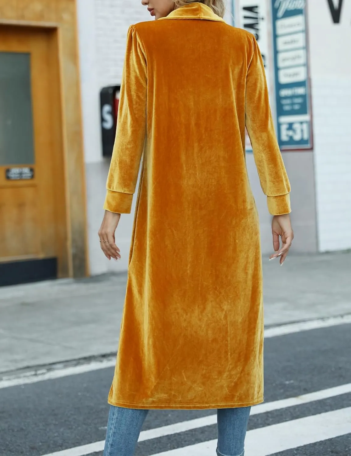 Women's Long Velvet Cardigan Jacket Casual Open Front Velour Lapel Cardigan Maxi Blazer Duster Outwear Sweater