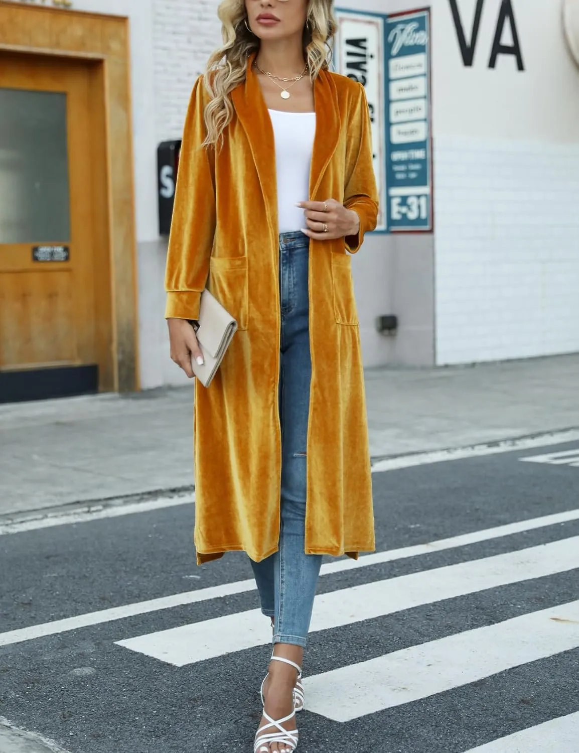 Women's Long Velvet Cardigan Jacket Casual Open Front Velour Lapel Cardigan Maxi Blazer Duster Outwear Sweater