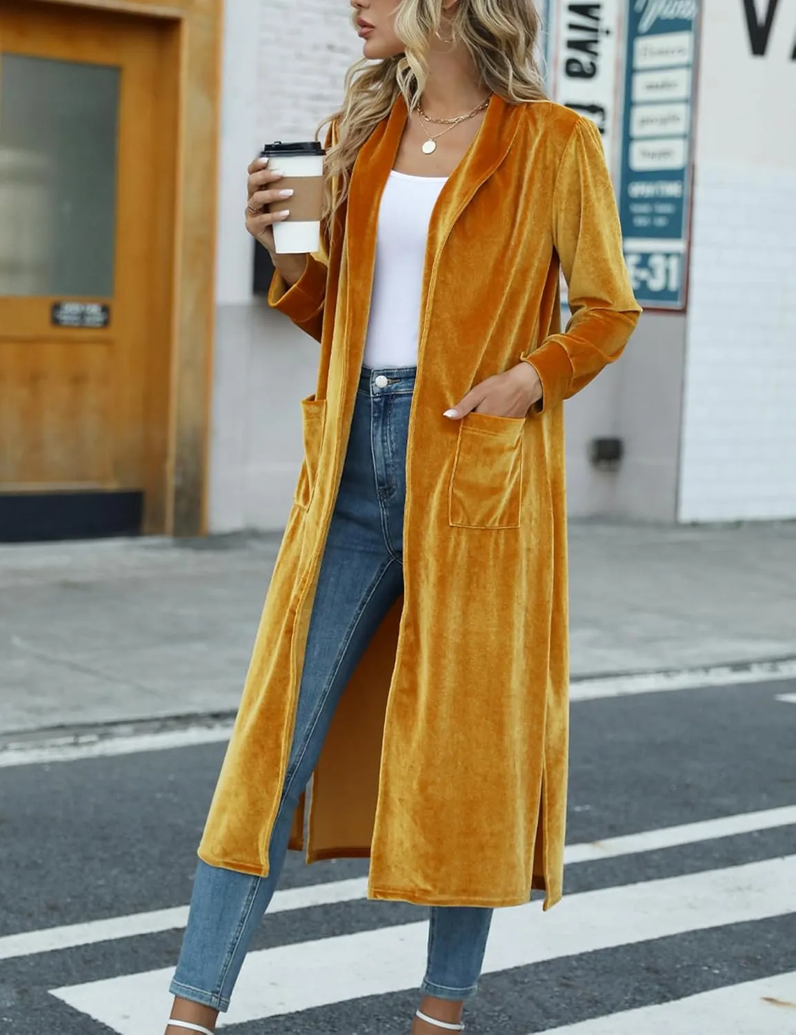 Women's Long Velvet Cardigan Jacket Casual Open Front Velour Lapel Cardigan Maxi Blazer Duster Outwear Sweater