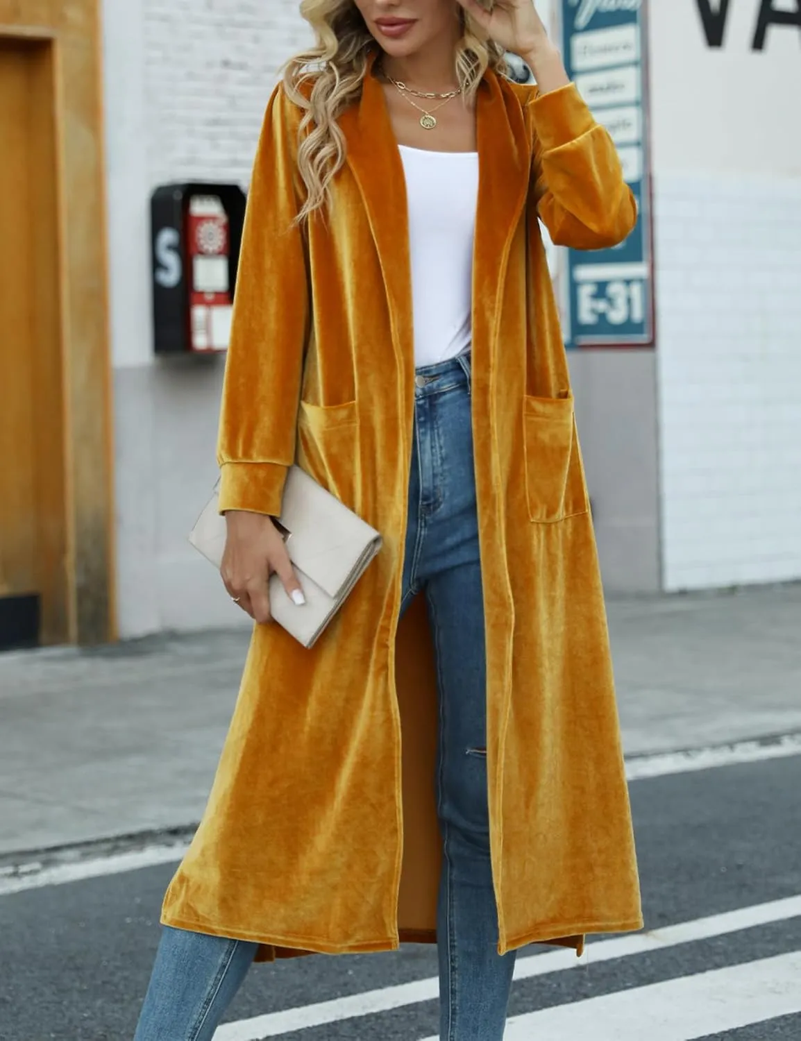 Women's Long Velvet Cardigan Jacket Casual Open Front Velour Lapel Cardigan Maxi Blazer Duster Outwear Sweater