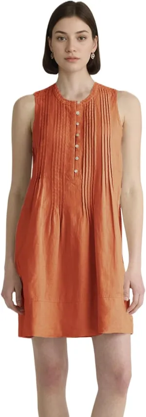 Women's Summer Linen Scoop Neck Sleeveless Swing Tank Dress Casual Front Button Dresses with Pockets