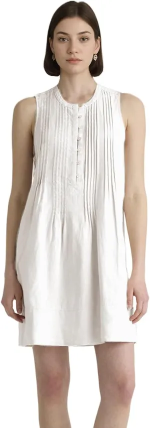 Women's Summer Linen Scoop Neck Sleeveless Swing Tank Dress Casual Front Button Dresses with Pockets