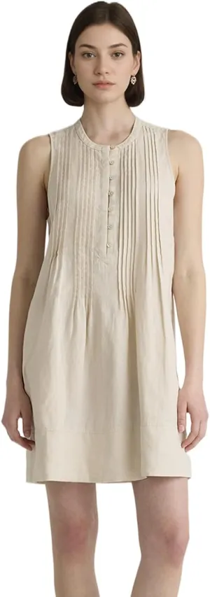 Women's Summer Linen Scoop Neck Sleeveless Swing Tank Dress Casual Front Button Dresses with Pockets