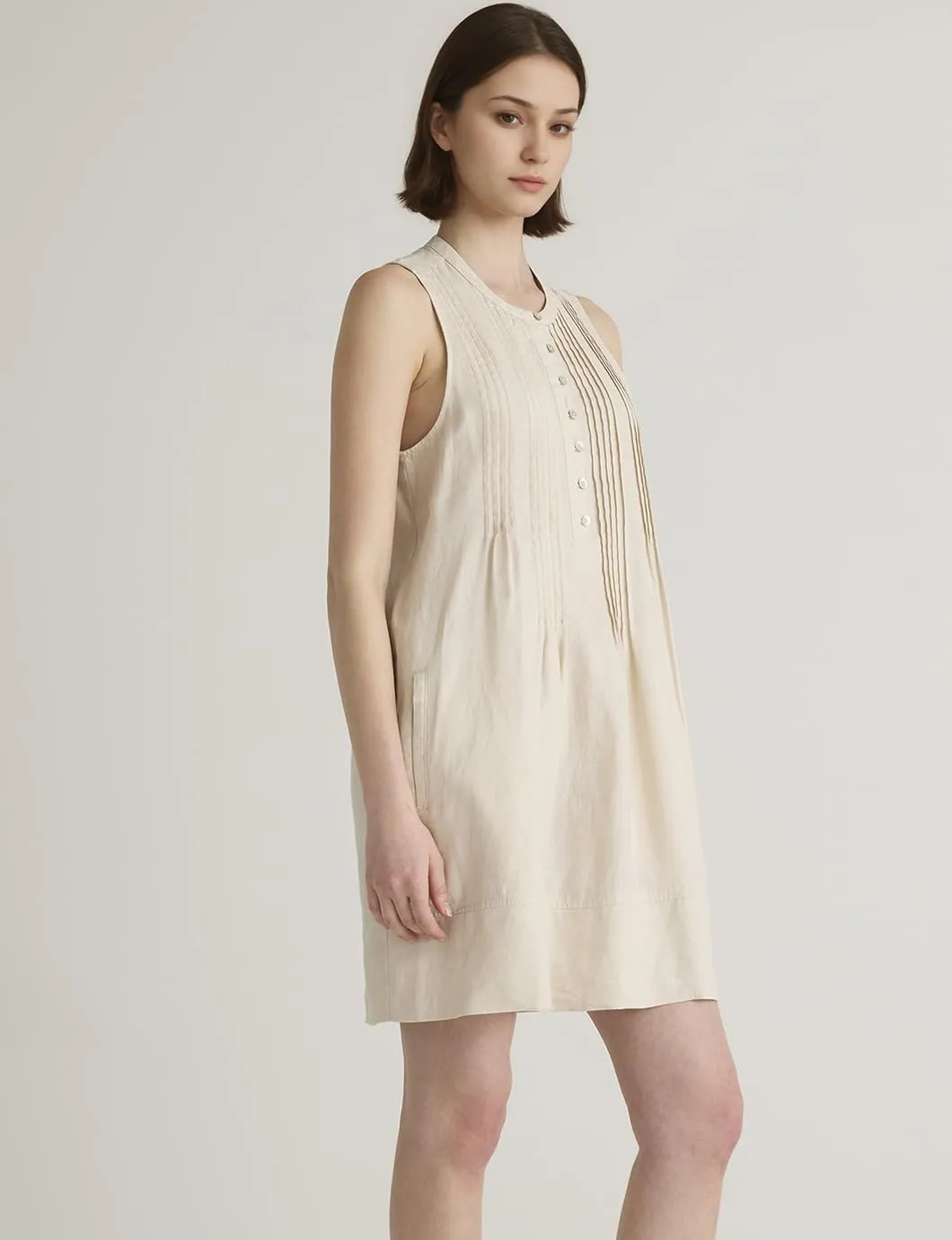 Women's Summer Linen Scoop Neck Sleeveless Swing Tank Dress Casual Front Button Dresses with Pockets