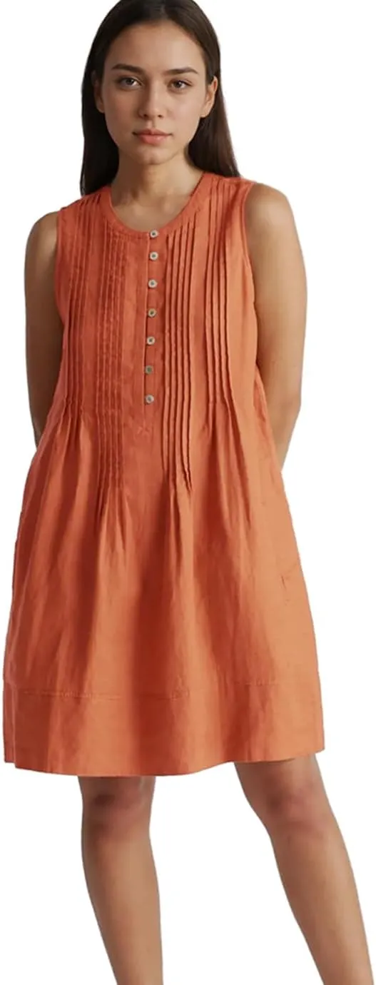 Women's Summer Linen Scoop Neck Sleeveless Swing Tank Dress Casual Front Button Dresses with Pockets